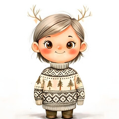 Cute child character with antlers wearing cozy sweater featuring Christmas trees and snowflakes