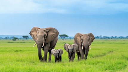 Fototapeta premium Family Group of Elephants Walking Through Lush Green Savanna Landscape