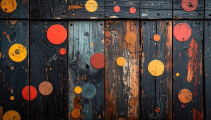 Rustic wooden wall background with vibrant multicolored circular paint splatters and distressed texture in warm and cool tones