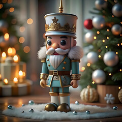 Christmas nutcracker figurine standing beside decorated Christmas tree with festive lights