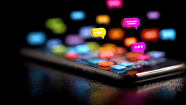 Smartphone display with many colorful chat bubbles and app icons floating above it - Powered by Adobe