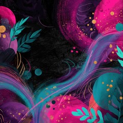 abstract purple, pink and turquoise background with leaves