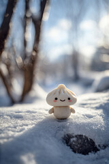 Adorable smiling dumpling character in a snowy landscape during winter with bokeh effect