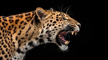 Fototapeta premium Powerful leopard roars intensely showing its sharp fangs on a striking black background