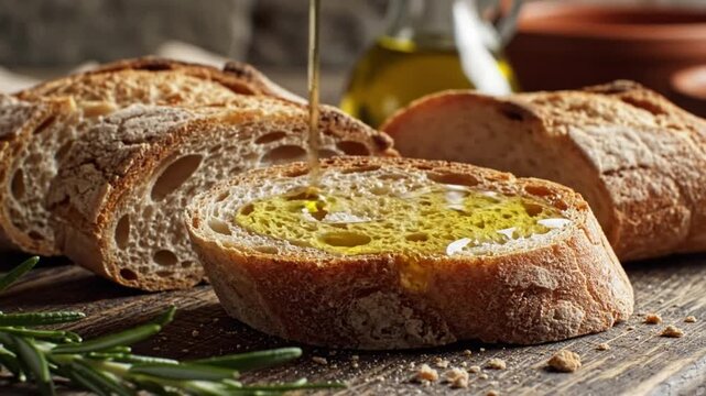 Delicious sliced crusty bread soaked with olive oil on a wooden cutting board with rosemary, close-up shot.