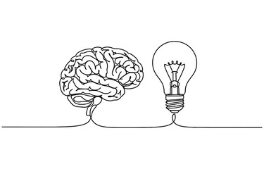 Single continuous line drawing of light bulb with human brain. Trendy one line draw graphic design vector illustration.
