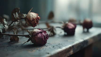 Wilted roses lying on an old table in soft natural light, symbolizing faded love, heartbreak and the emotional aftermath of Valentine&rsquo;s Day or lost romance