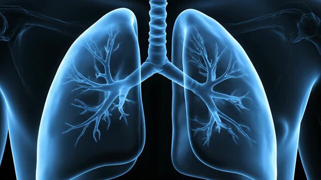 A detailed X-ray view of human lungs and trachea in blue tone against a dark background showcasing the intricate bronchial tree structure