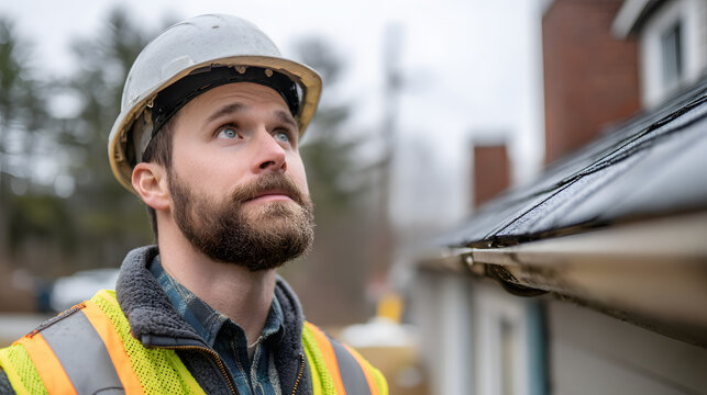 Male construction worker in safety gear inspecting residential home exterior, focusing on maintenance, repair assessment and seasonal property upkeep