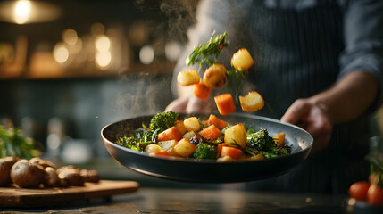 Man cooking fresh vegetables in a hot frying pan, tossing colorful ingredients in mid-air with steam rising, capturing movement, skill and healthy food preparation