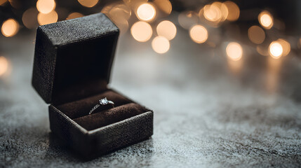 Elegant ring box with diamond engagement ring placed on a textured surface, surrounded by soft romantic lights, symbolizing love, proposal and Valentine&rsquo;s Day gift