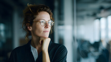 Businesswoman standing in modern office, looking away thoughtfully, capturing a real life emotional moment of reflection, stress or contemplation at work