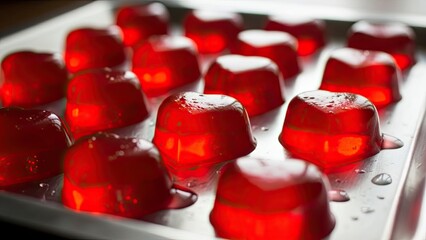 Red Jelly Desserts on Metal Tray.
