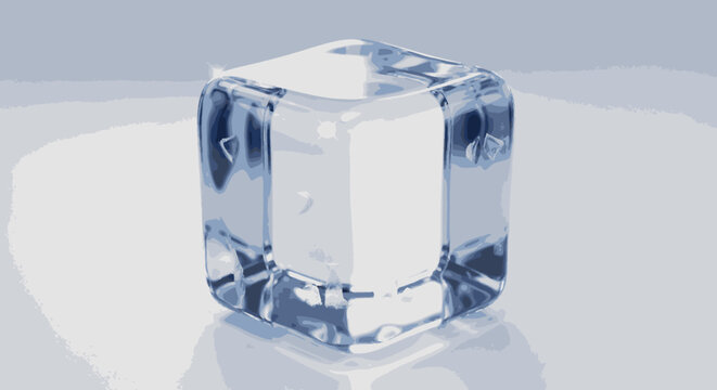 Clear ice cube on reflective surface close-up