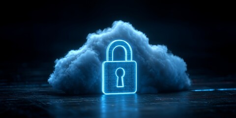 A cybersecurity concept showing a digital lock protecting cloud data, dark background with blue neon glow.