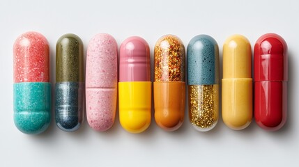 A macro shot of colorful pills and capsules arranged neatly on a white background, pharmaceutical concept.
