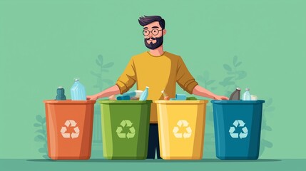 A man recycling household waste into separate bins, eco-friendly daily habit theme.