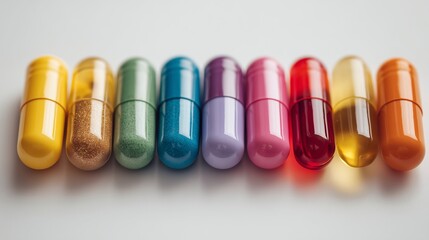 A macro shot of colorful pills and capsules arranged neatly on a white background, pharmaceutical concept.
