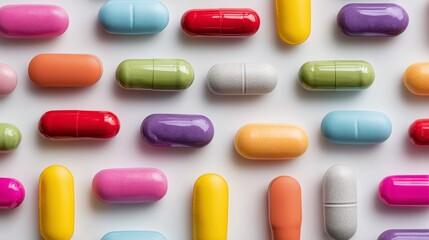 A macro shot of colorful pills and capsules arranged neatly on a white background, pharmaceutical concept.