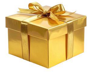 Golden gift square box with ribbon and bow on a dark backdrop