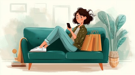 A woman shopping online on a smartphone while relaxing on a couch, e-commerce lifestyle scene.