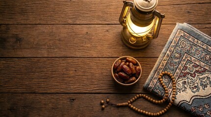 A serene arrangement of prayer beads, dates, and lantern on a wooden surface, viewed from above, evoking a sense of spirituality and tranquility