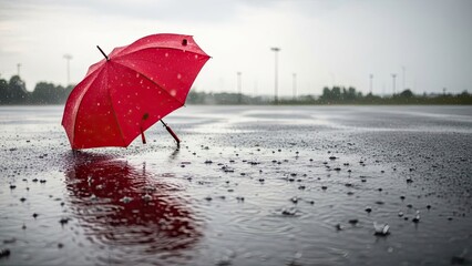 Red Umbrella in Heavy Rain.