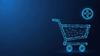 Abstract digital shopping cart on a dark blue background with glowing neon lines representing online commerce and technology