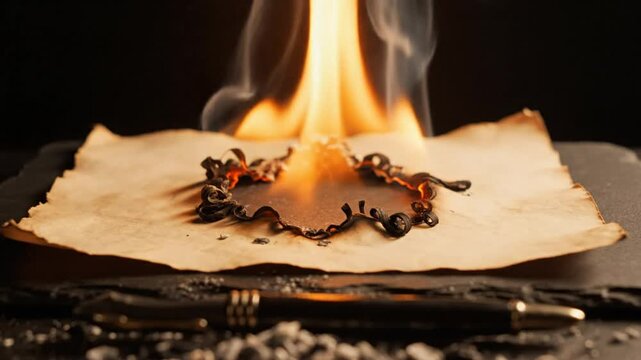 Burning Paper with Flames and Smoke Against a Black Background, Destruction and Loss Concept