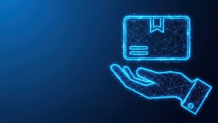 Digital hand holding a glowing wireframe package icon symbolizing delivery and logistics services