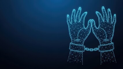 Obraz premium Digital network wireframe of hands breaking free from symbolic chains against a dark blue futuristic background