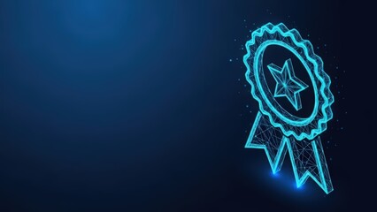 Digital wireframe award badge with star and ribbon glowing on a dark blue background symbolizing quality and recognition