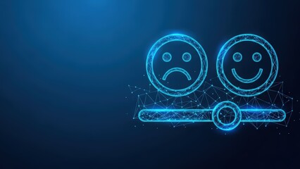 Fototapeta premium Digital wireframe icons depicting sad and happy faces representing customer feedback and sentiment analysis