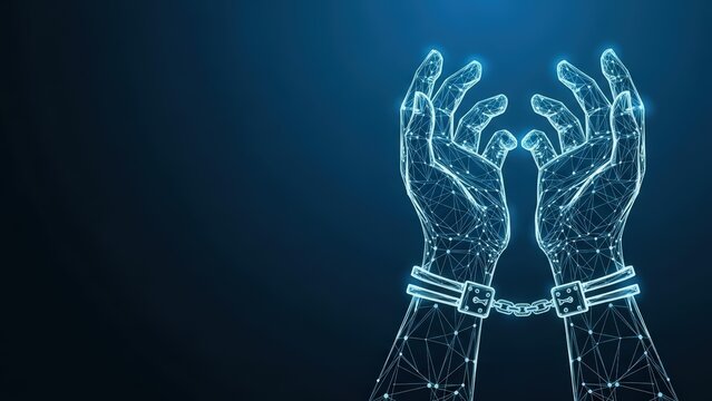 Digital wireframe hands breaking free from futuristic technology shackles against a dark blue background