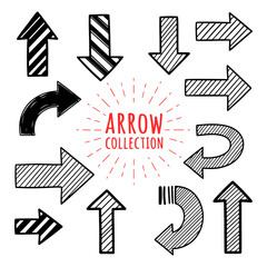 Hand drawn sketchy arrow collection set with different shapes and patterns