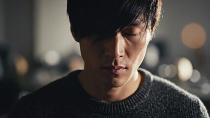 Intense close-up of a serious man with dark hair staring directly into the camera with focused intent