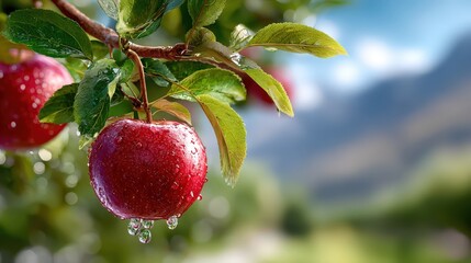 Obraz premium Fresh red apple dripping pure water in orchard