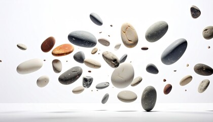 Smooth grey and brown river stones suspended in mid air with sunlight illuminating dust motes against a clean white background creating a dynamic abstract composition
