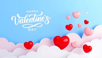 Happy Valentines Day typography with heart balloons in pink sky