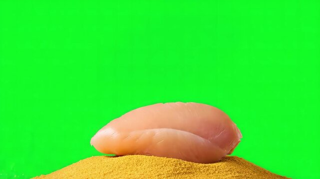 Fresh Raw Chicken Breast Falling into Spices and Yellow Turmeric Powder on Green Screen, crispy burger chicken
