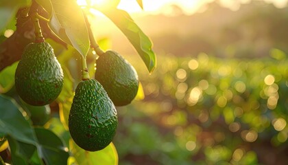 Three ripe green avocados hang from a branch bathed in golden sunset light with a blurred orchard background