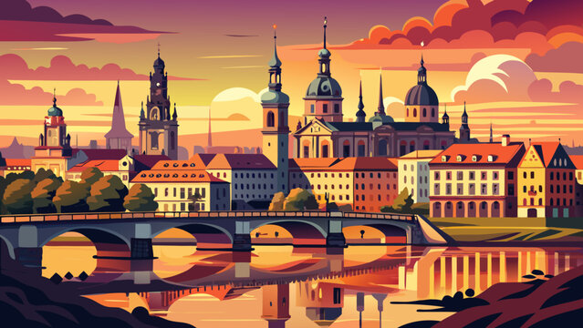 Very beautiful cityscape of Dresden in Germany along the Elbe River, featuring the elegant Augustus Bridge and historic skyline, blending Baroque architecture with calm river reflections at sunset.