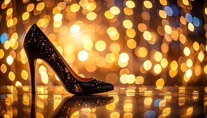 Sparkling Black Stiletto Heel Shoe Adorned With Glitter Resting On A Reflective Surface With Golden Bokeh Lights In The Background Creating A Glamorous Atmosphere