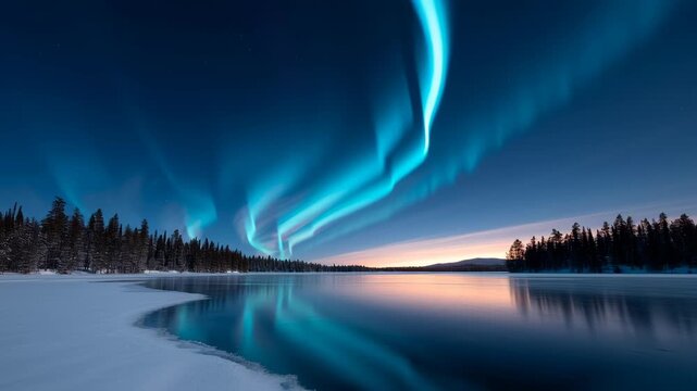 Northern lights aurora frozen lake winter night sky reflection snow pine tree landscape tranquil scene with vibrant blue and green lights dancing above calm icy lake and forest, creating magical