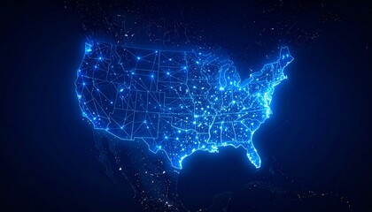 Glowing digital map of the United States with blue network nodes and lines on dark night sky background.