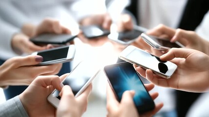 Hands holding smartphones in circle formation, social media connection concept, digital lifestyle, millennial communication habits, technology and friendship, overhead view angle, with copy space - Powered by Adobe