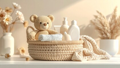 Knitted Basket with Baby Care Products and Teddy Bear