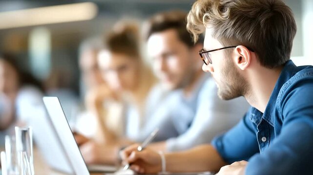 Young managers working together in conference hall, modern office meeting, collaborative business planning, professional team discussion, contemporary workplace culture, with copy space