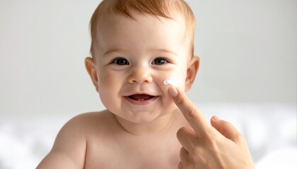 Mother Applying White Cream on Baby Cheek