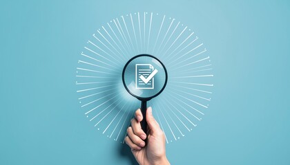 Document Verification and Compliance Check Concept with Magnifying Glass and Approval Icon